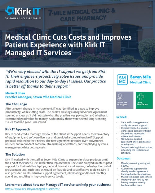 Medical clinic exterior with Kirk IT branding and signage.